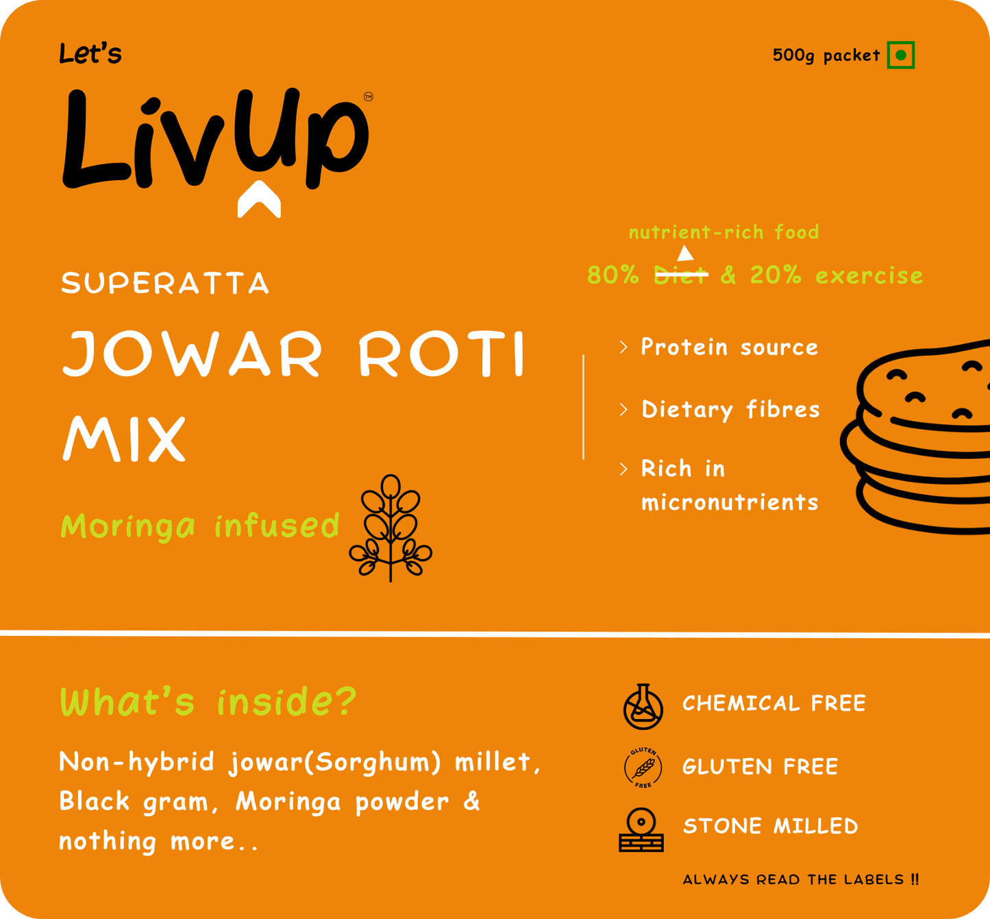 Superatta Non-Hybrid Jowar Roti Mix (Moringa Infused) | No chemical, No preservatives, Gluten Free, Stone Milled